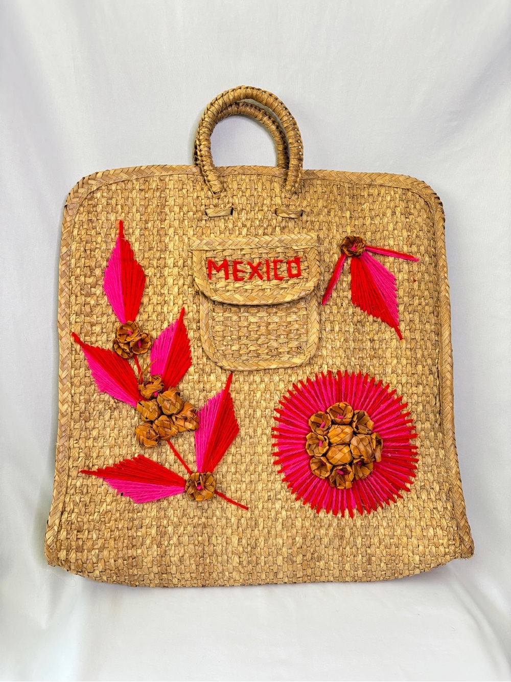 XL Vintage Natural Straw Tote with Pink and Red Floral Embroidery